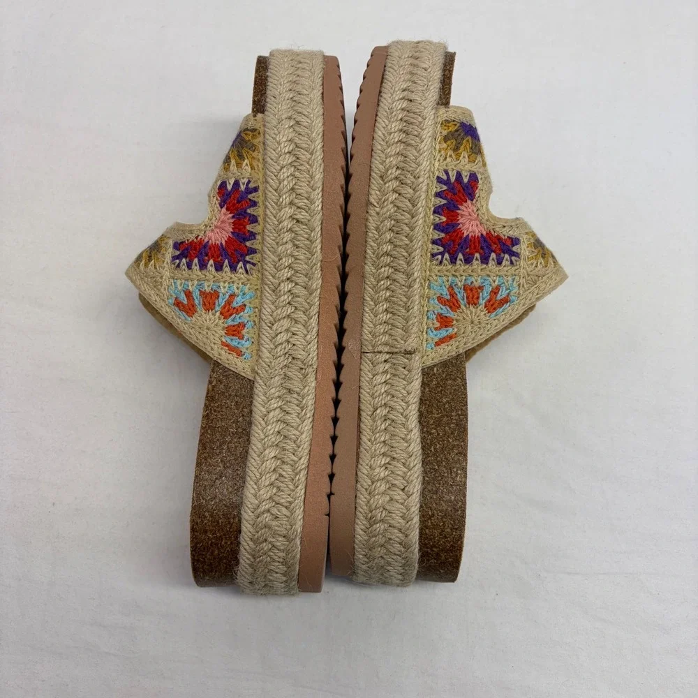 Bamboo Espadrille Platform Sandals Women Size 7 Granny Square Boho Slides Tan